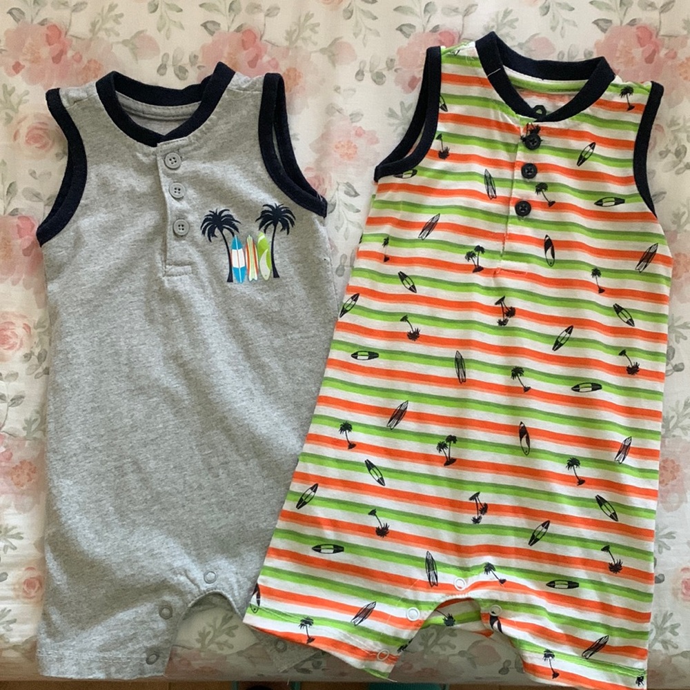 Lightly worn baby boy surfboard themed romper